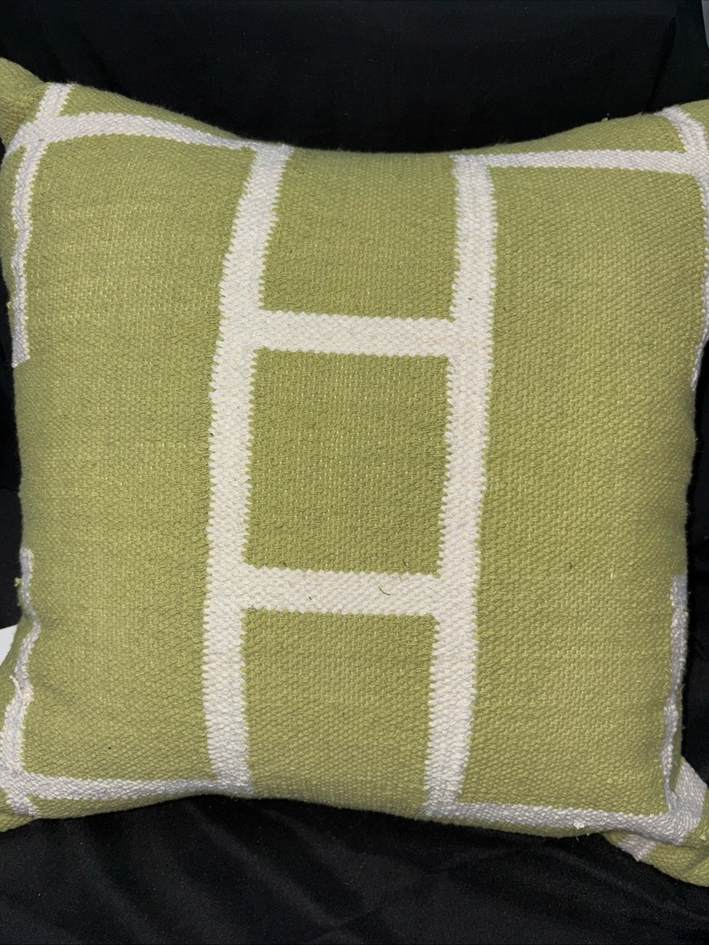 Green Geometric Accent Pillow with Cream Grid